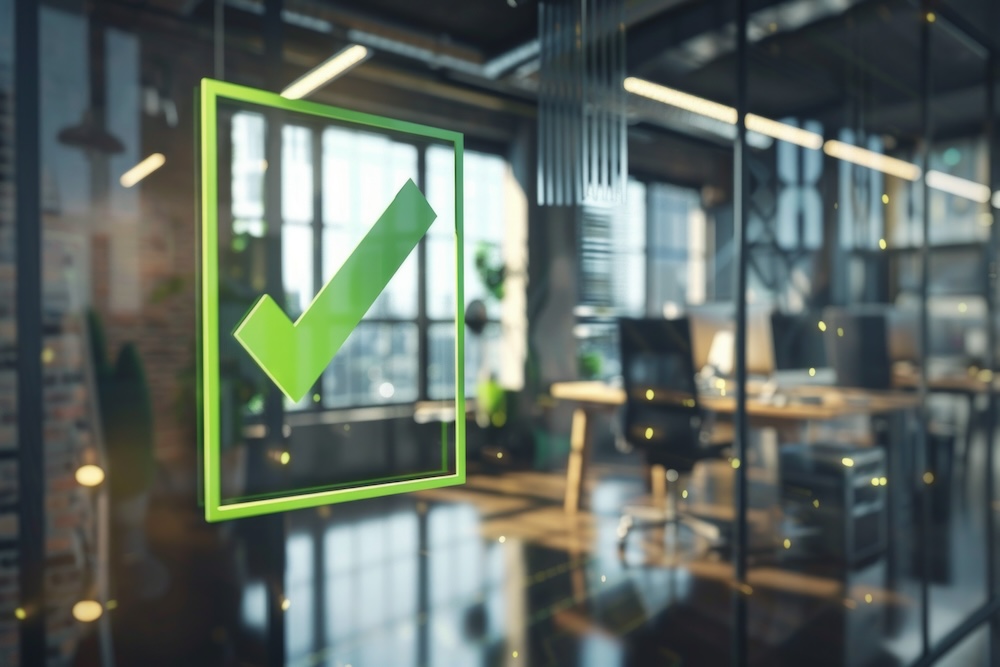 projection of a checklist icon with green ticks on an office background. office print environment secure concept.