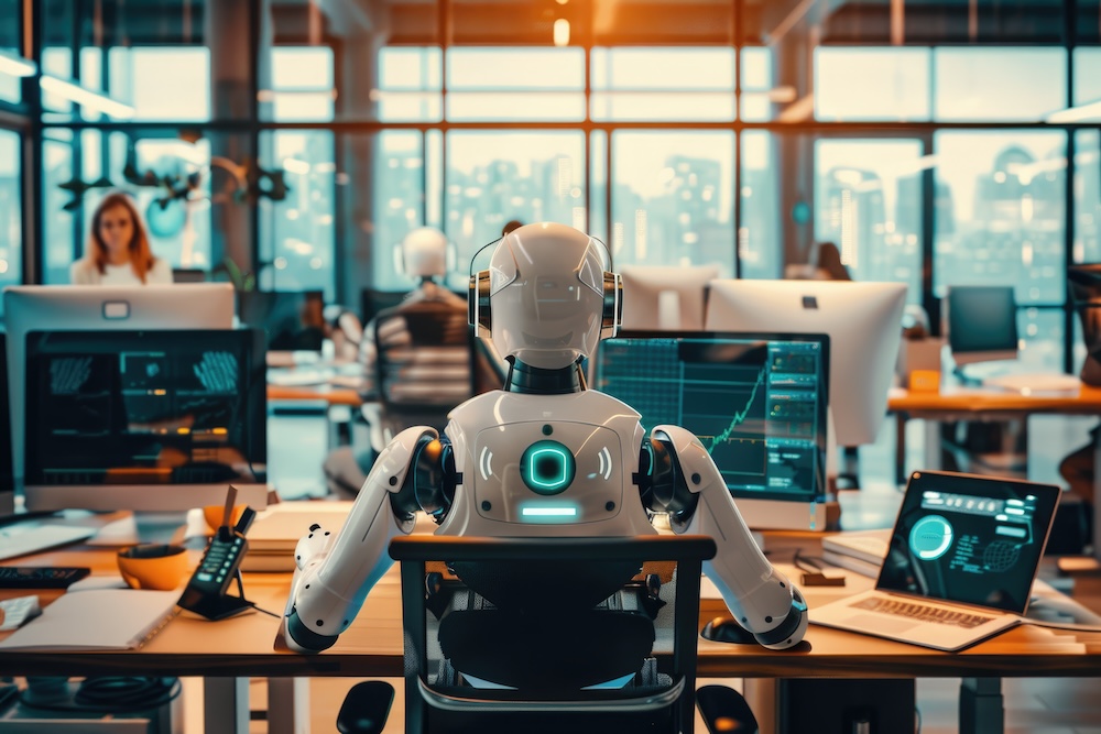 office environment where a robotic process automation (RPA) system and AI is managing routine tasks, with employees focusing on strategic planning