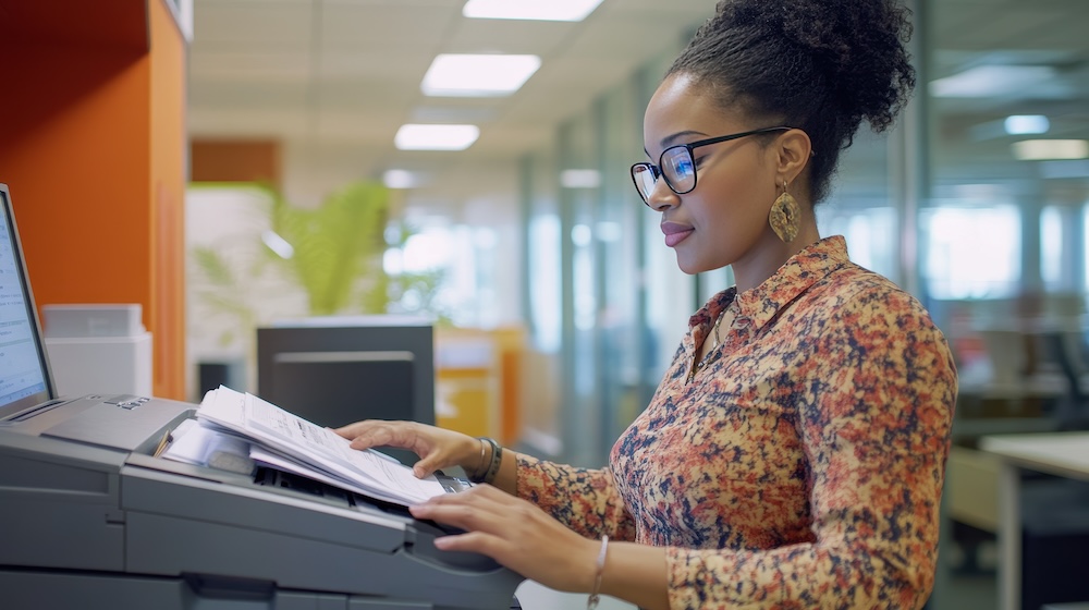 a woman operating a leased modern photocopier 