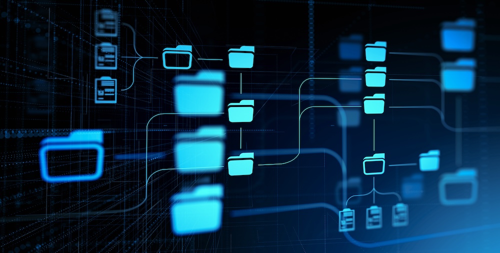 View of immersive futuristic DMS document management system interface with folders over dark blue background. Concept of paperless document management system and software. 3d rendering