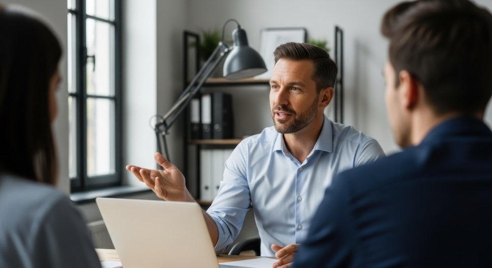 Business consultant discussing AP/AR automation implementation with clients during a workflow planning meeting, highlighting personalized onboarding, accounting software integration, and streamlined financial process improvements for SMBs.