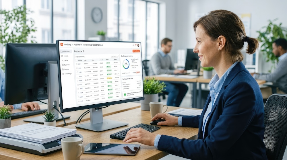 Business professional using cloud-based AP/AR automation software with digital invoice processing dashboard in a modern office, highlighting AI-powered accounting workflows, OCR invoice capture, and streamlined financial management.