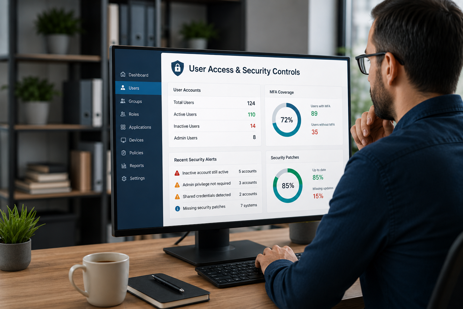 IT professional reviewing user access and cybersecurity controls on a desktop dashboard, including MFA coverage, inactive accounts, security alerts, and patch management in a modern office environment.