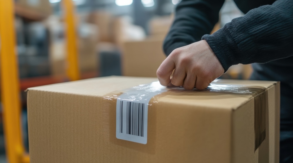 A closeup of an RFID tag being attached to a shipment box showcasing the technology that enables precise tracking throughout the supply chain journey.